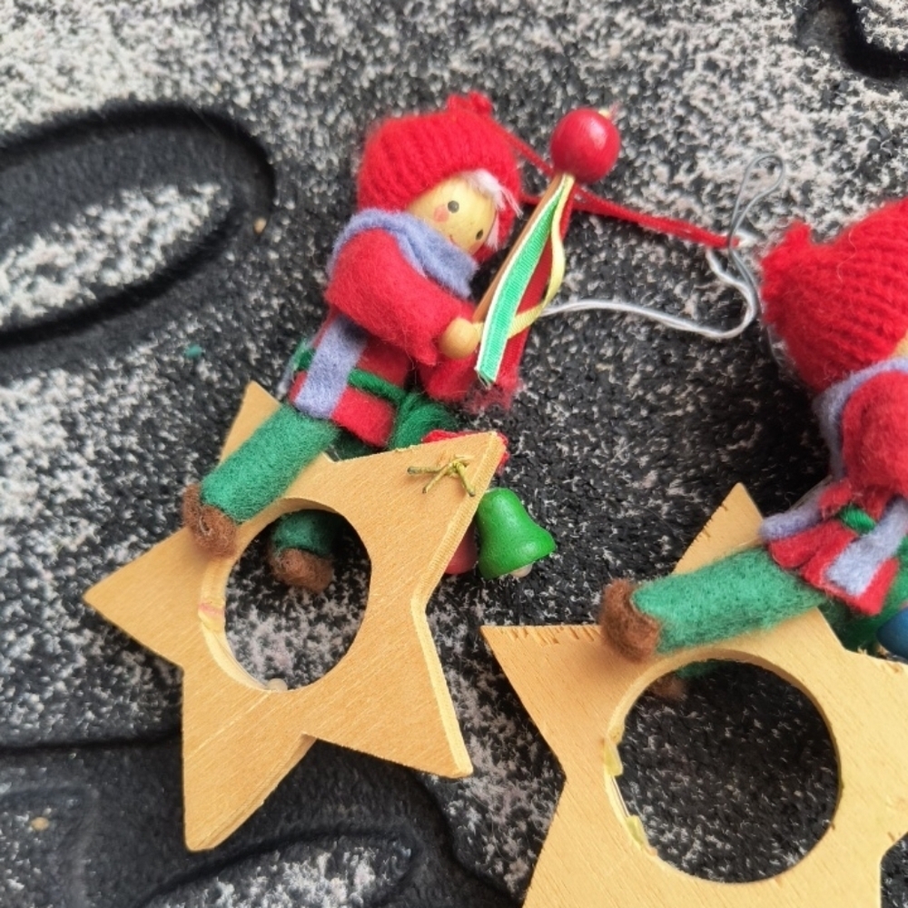 Vintage Christmas Wood Elf on Wooden Star Elf Boy Bells Stars German Erzgebirge  - Picture 2 of 6